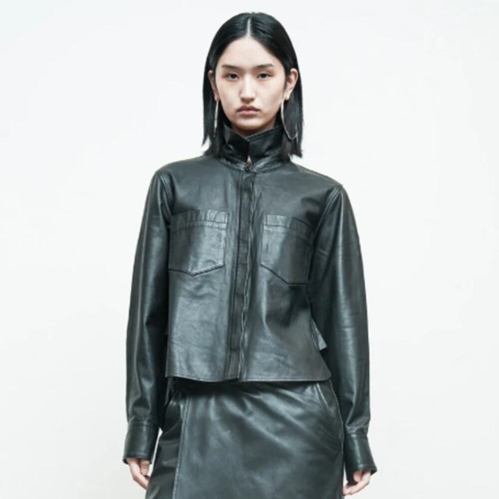 Nicholas K Freyja Leather Button Down Shirt Jacket in Black, Size Medium